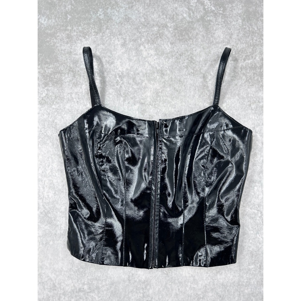 Bebe Black Faux Leather Patent Corset Top Zip Front Bustier Camisole SZ 6